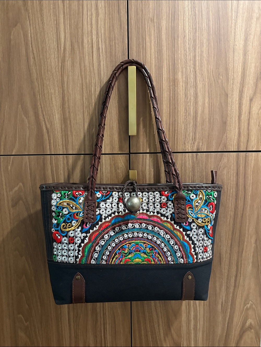 Embroidered Multicolor Tote Bag with Braided Handles